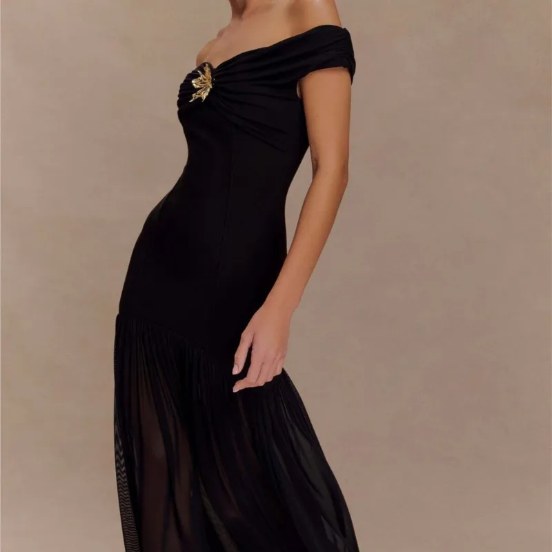 Elegant Evening Dress Temperament Vestido Sexy Dresses 2025 Woman French Simple Style Patchwork Solid Color Pleated Fashion Slim