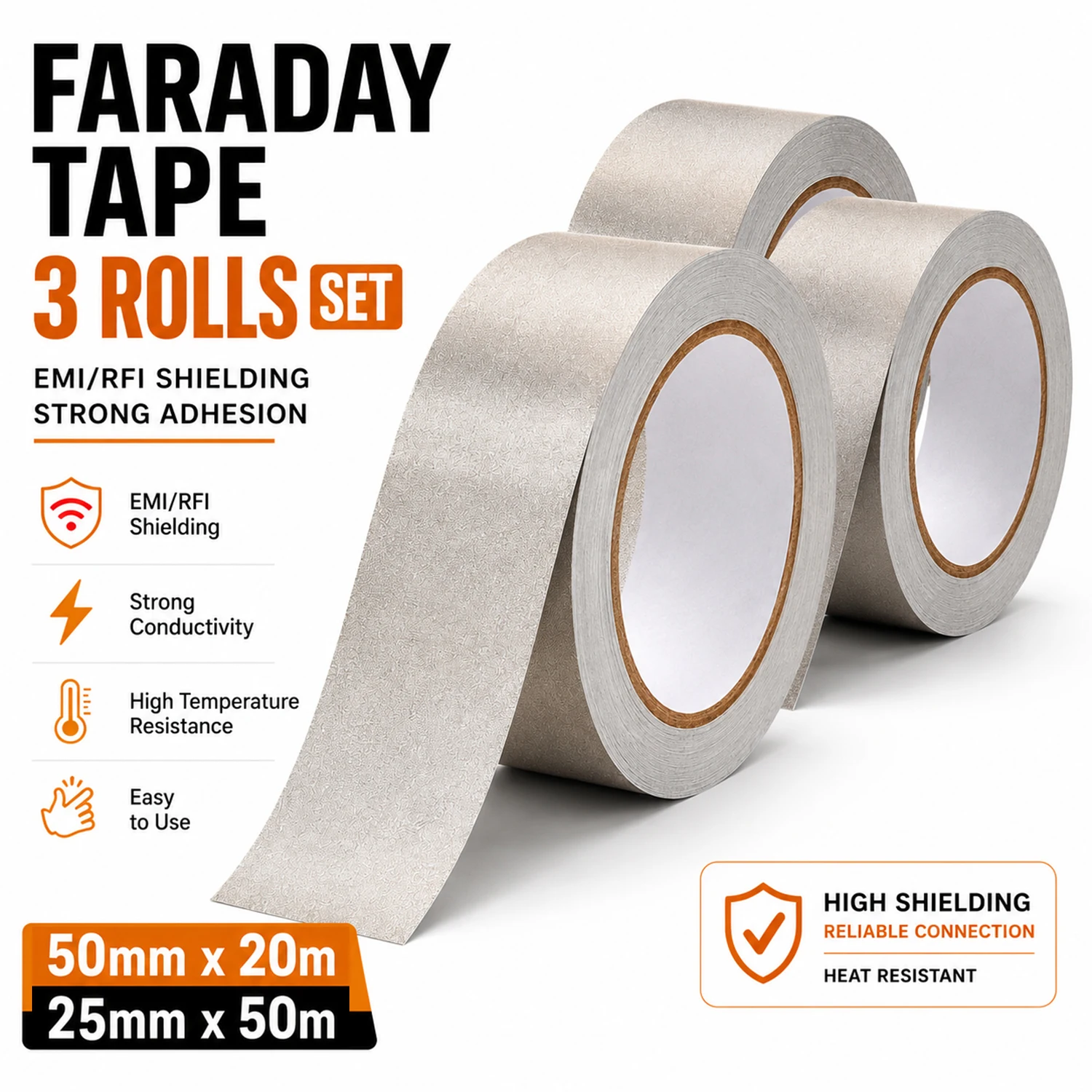 3Rolls 50mm/25mm Fabric Tape Double Conductive EMI RFI Shielding Tape for Device Repair Wire Harness ESD Grounding
