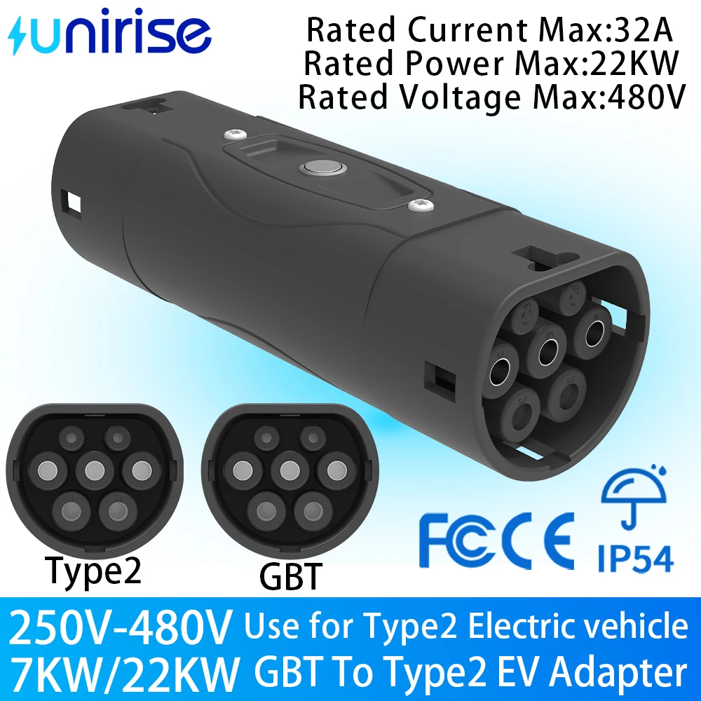 Unirise 32A GBT To Type2 Adapter 7kw/22kw gb/t Charger to type 2 car converter for electric vehicles MG4 BYD Charging connector
