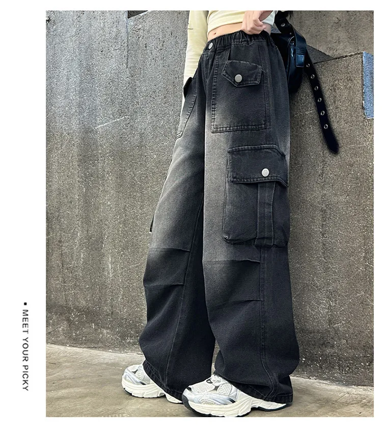 Mädchen Frühling Herbst Weitbein-Jeans 4-14 Jahre Kinder Teenager Elastische Hohe Taille Multi-Taschen Lose Lässige Streetwear-Hosen – Detail 26