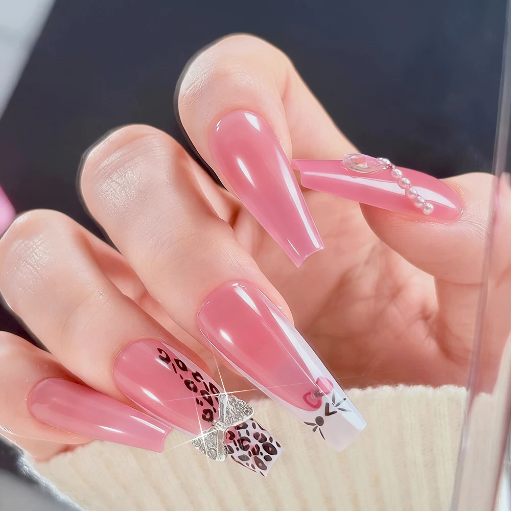 24개입 엑스트라 롱 관 모양 핑크 레오파드 프린트 가짜 손톱 귀여운 고양이 얼굴 리본 프레스온 네일 반짝이는 라인스톤 여성용 인조 손톱