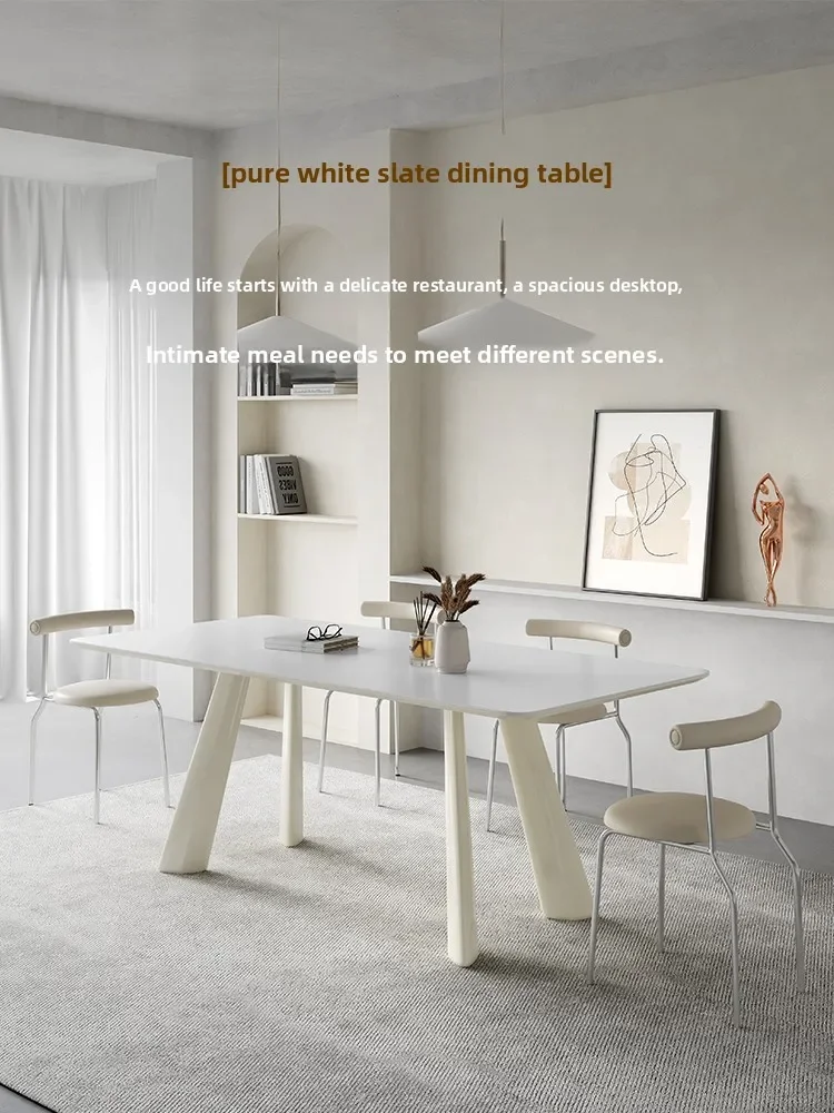 White rock slab dining table modern simple new Italian minimalist household rectangular light luxury