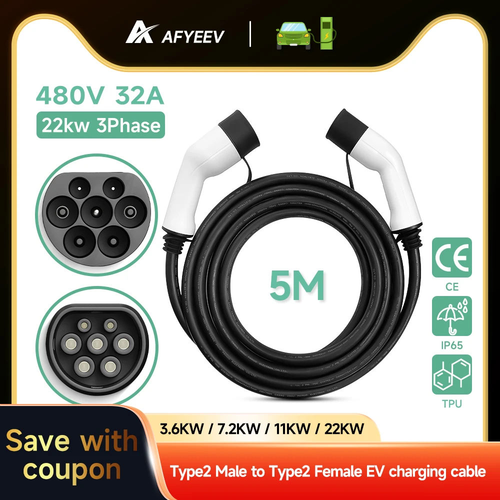 EV charging cable Electric car charger 32A three-phase 22kw IEC 62196 32A EVSE kit EV cable type 2 to type 2