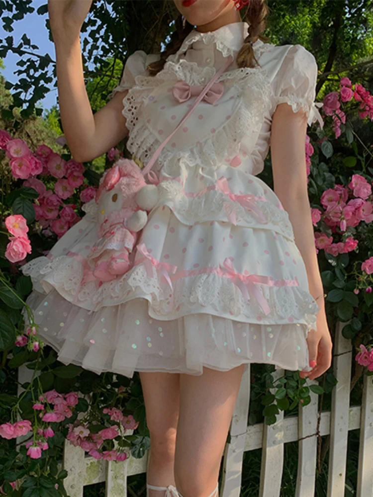 Robe japonaise Lolita Jsk pour femme, mini robes imprimées à pois, manches bouffantes, robe de princesse élégante, robe de soirée douce, été