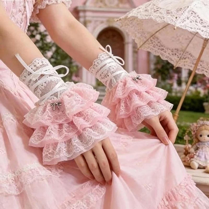 Elegant Lolita Lace Wrist Cuffs Layered Ruffle Arm Sleeves Gothic Mesh Ribbon Wristbands Fingerless Gloves for Women