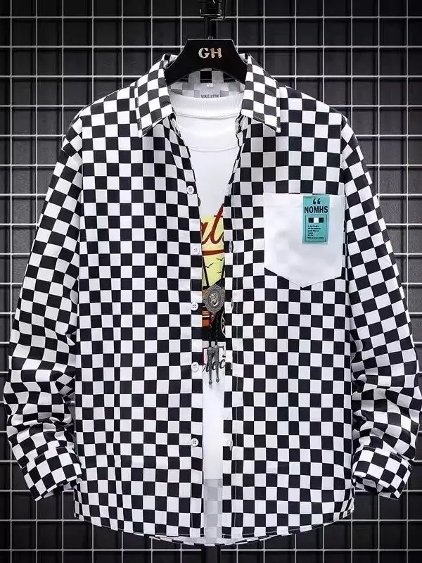 Casual Plaid Men's Long Sleeve Shirt Autumn Fashion Brand Small Audience Grid Pattern Printed Polyester Anti-Wrinkle Antibact...