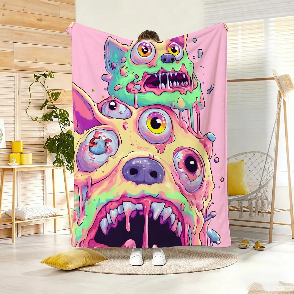 Gothic Melting Horror Cat Cartoon Throw Lightweight 240g Flannel Blanket Soft Skin-friendly for Summer Cooling
