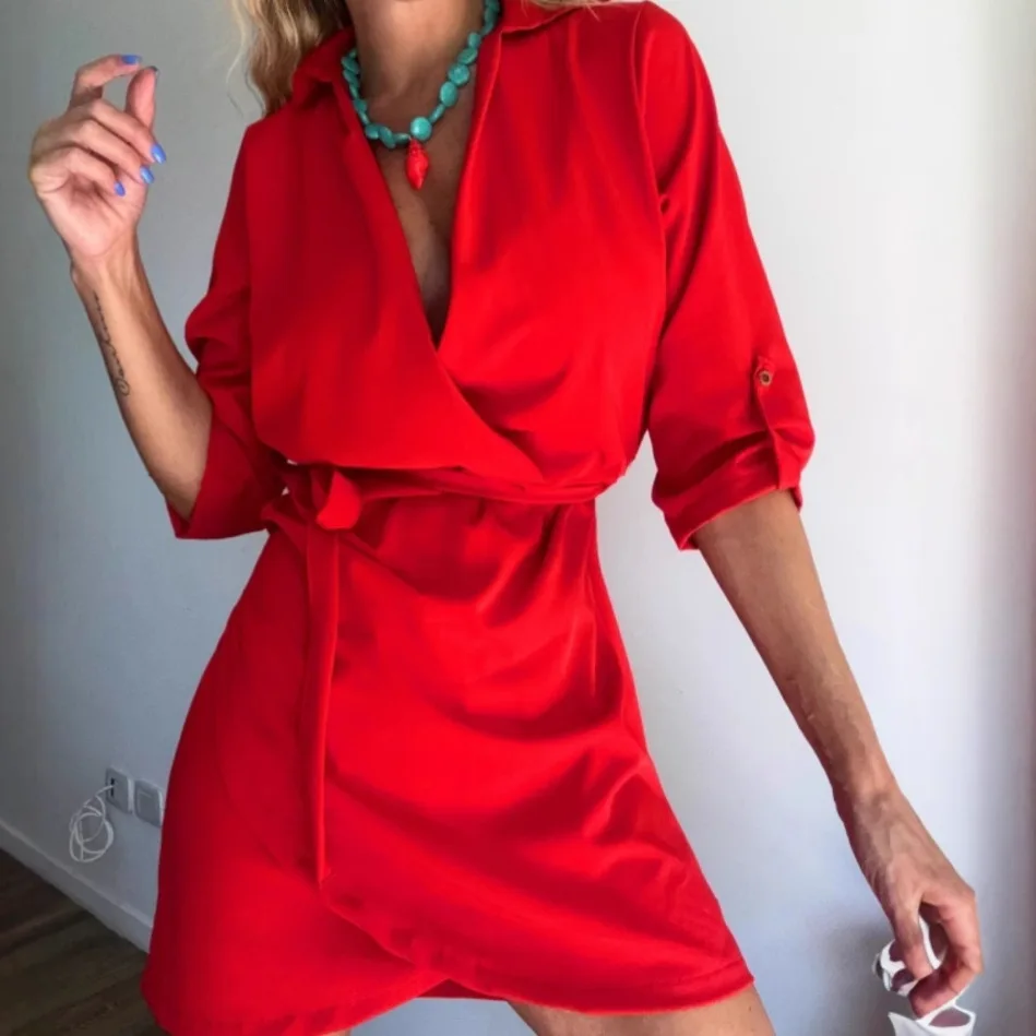 

New Women's V-neck Dress High Waist Slim Lace-up Solid Color Fashion Elegant Red Party Black Simple Mini Skirt