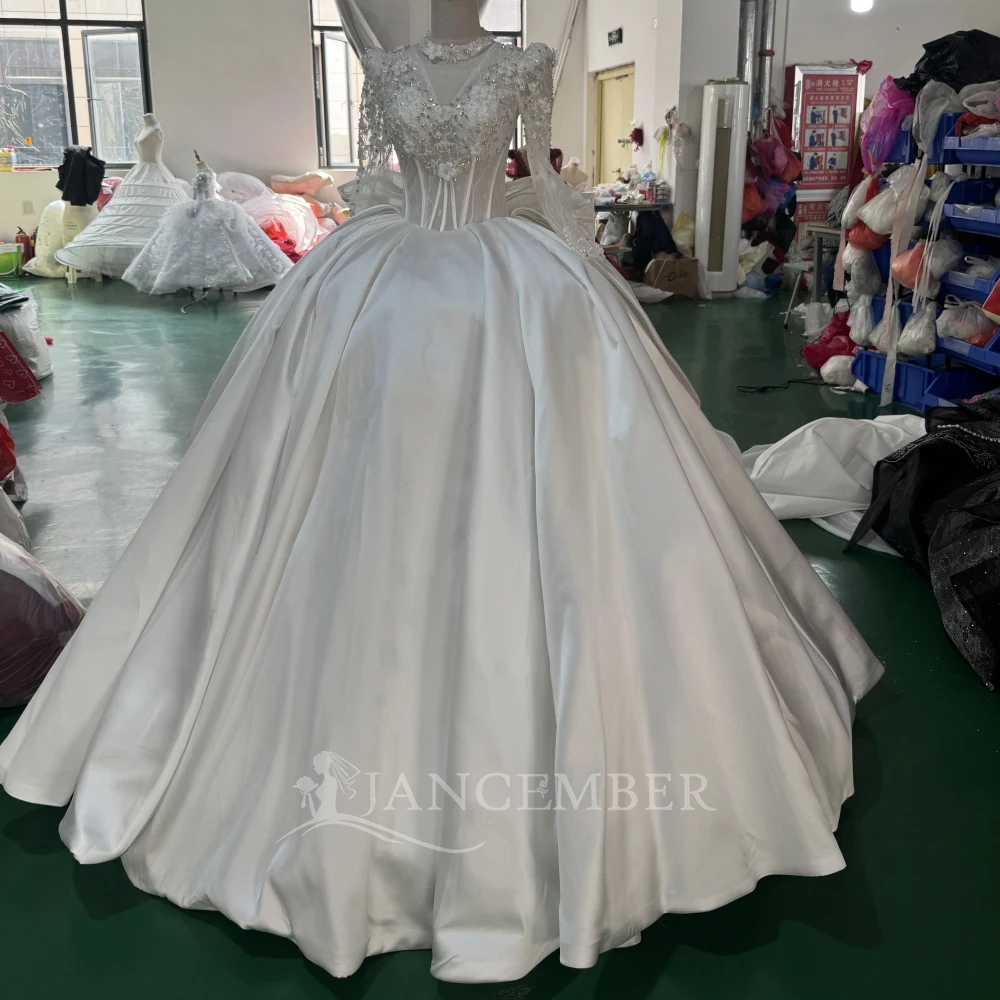 

Customized Luxurious Wedding Dresses Glittering Wedding Gowns Shiny Satin Bridal Gowns Long Sleeves Dance Parties فساتين