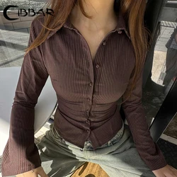 CIBBAR Vintage Brown Striped Crop Top Retro Button Up Flared Sleeve Blouse Women Korean Fashion T-shirt Streetwear y2k Tee Shirt