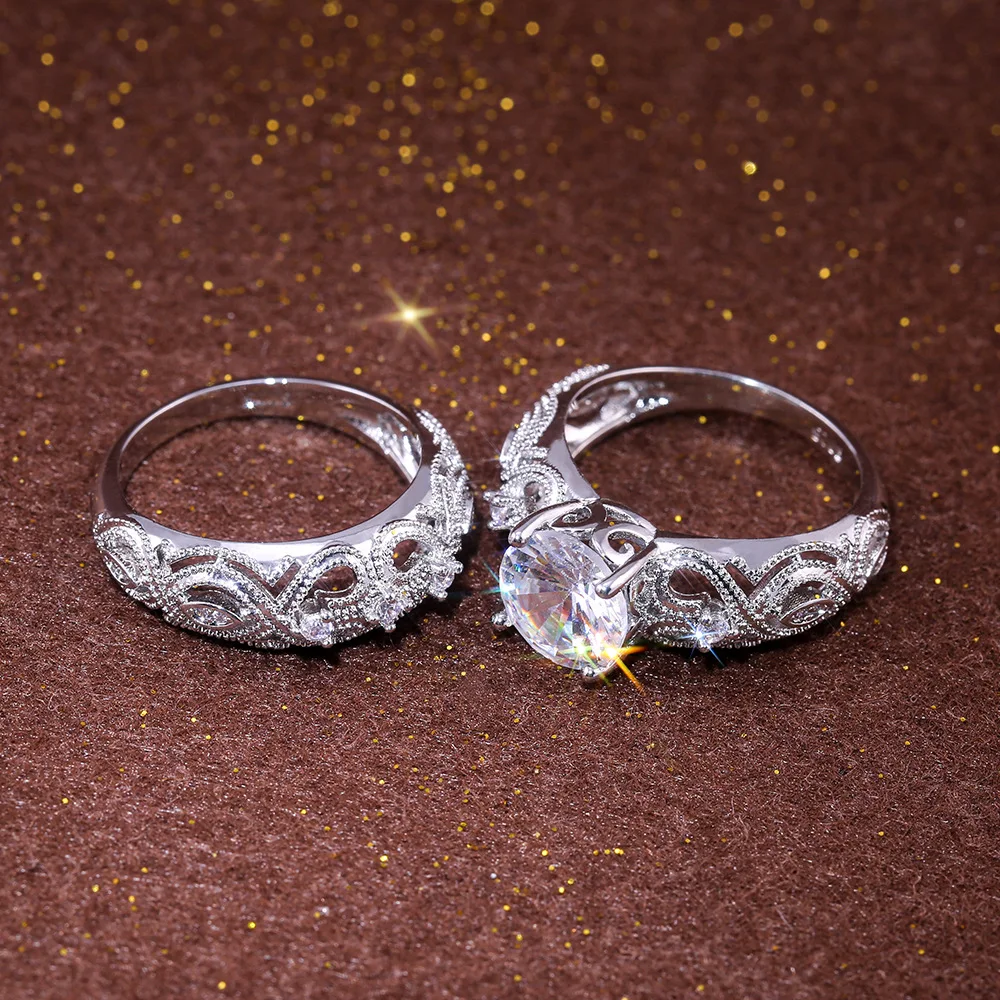 Classic 925 Sterling Silver Hollow Out Love Heart Flower Rings Set for Women Simple AAA Round Circle Zircon Wedding Jewelry