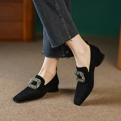 NEW Spring Women Loafers Sheep Suede Leather Shoes for Women Square Toe Chunky Heel Shoes Rhinestone Square Button Women Pumps