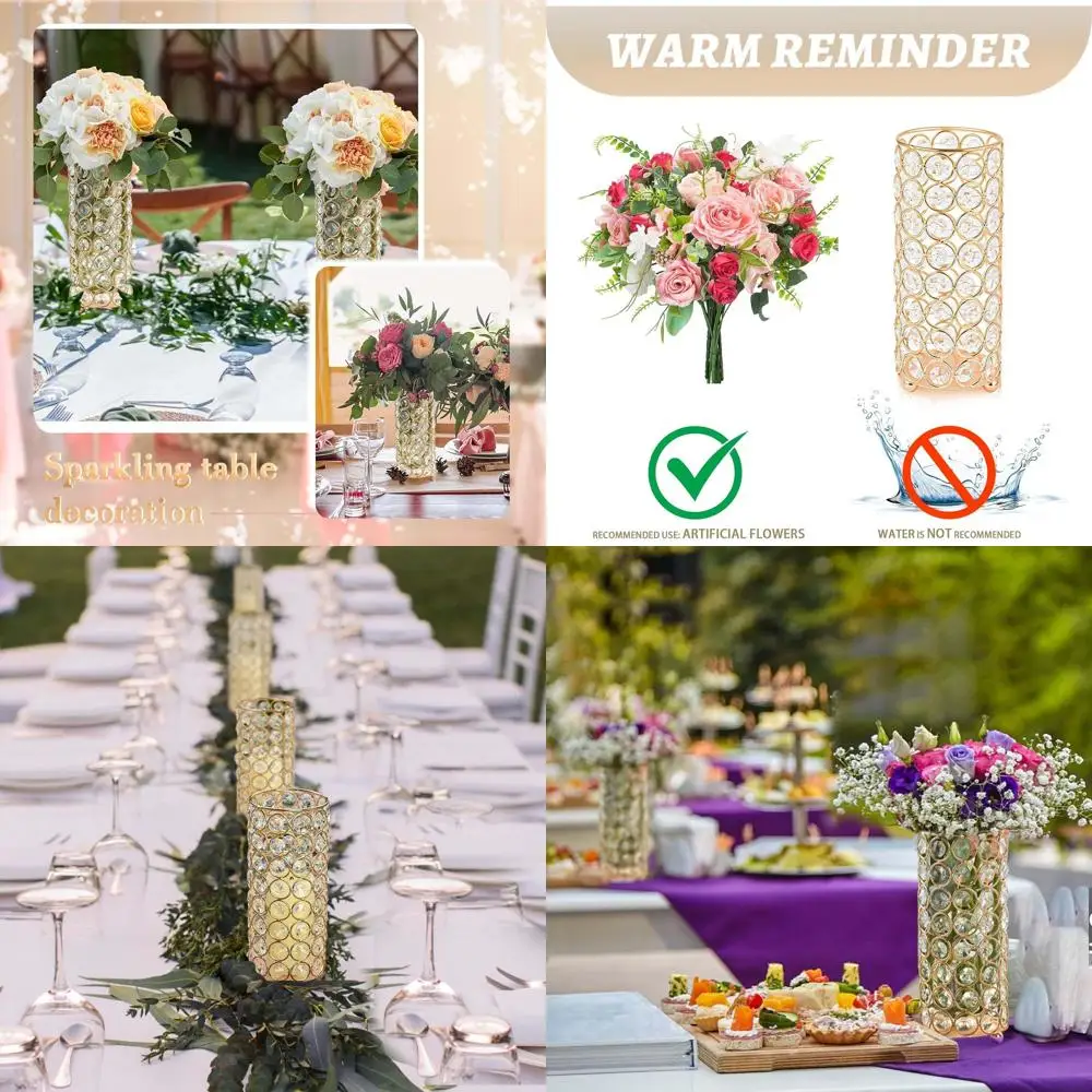 

Gold Elegant Crystal Pillar Candle Holder Set, 12pc, Wedding and Party Table Centerpieces, Cylinder Vase for Flowers & Decor