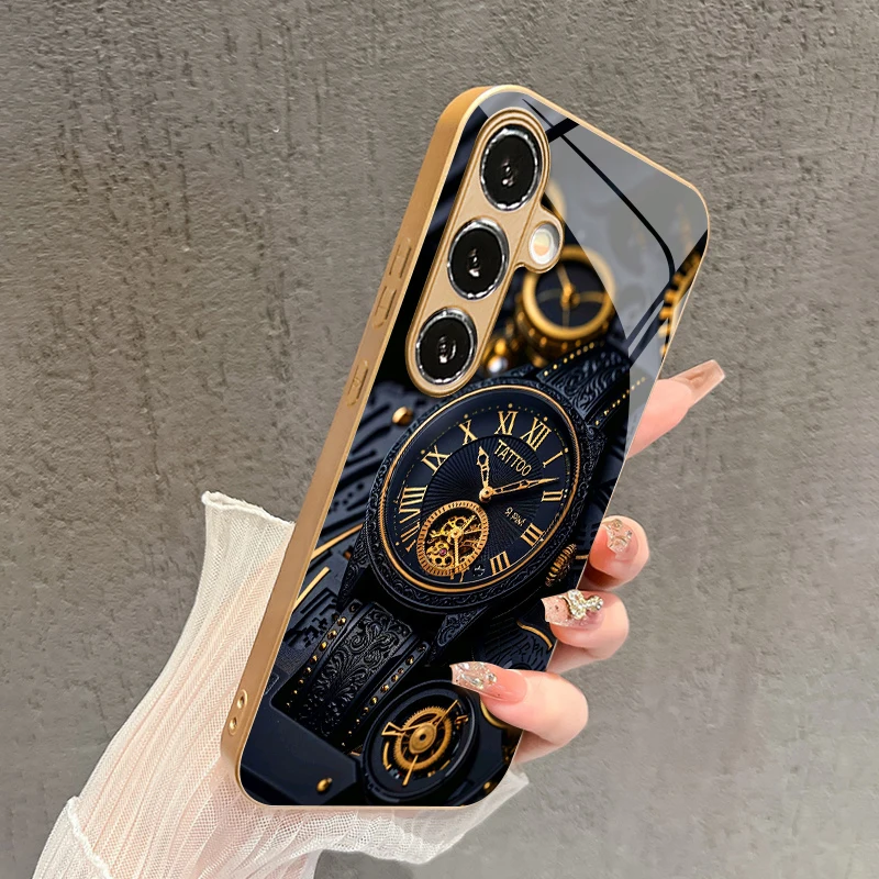 Mechanical Gold Watch Pattern 2D Phone Case for Samsung S26 S25 S24 S23 S22 S21 S20 A56 - Golden Metal Paint Glass Protective Co - view 3