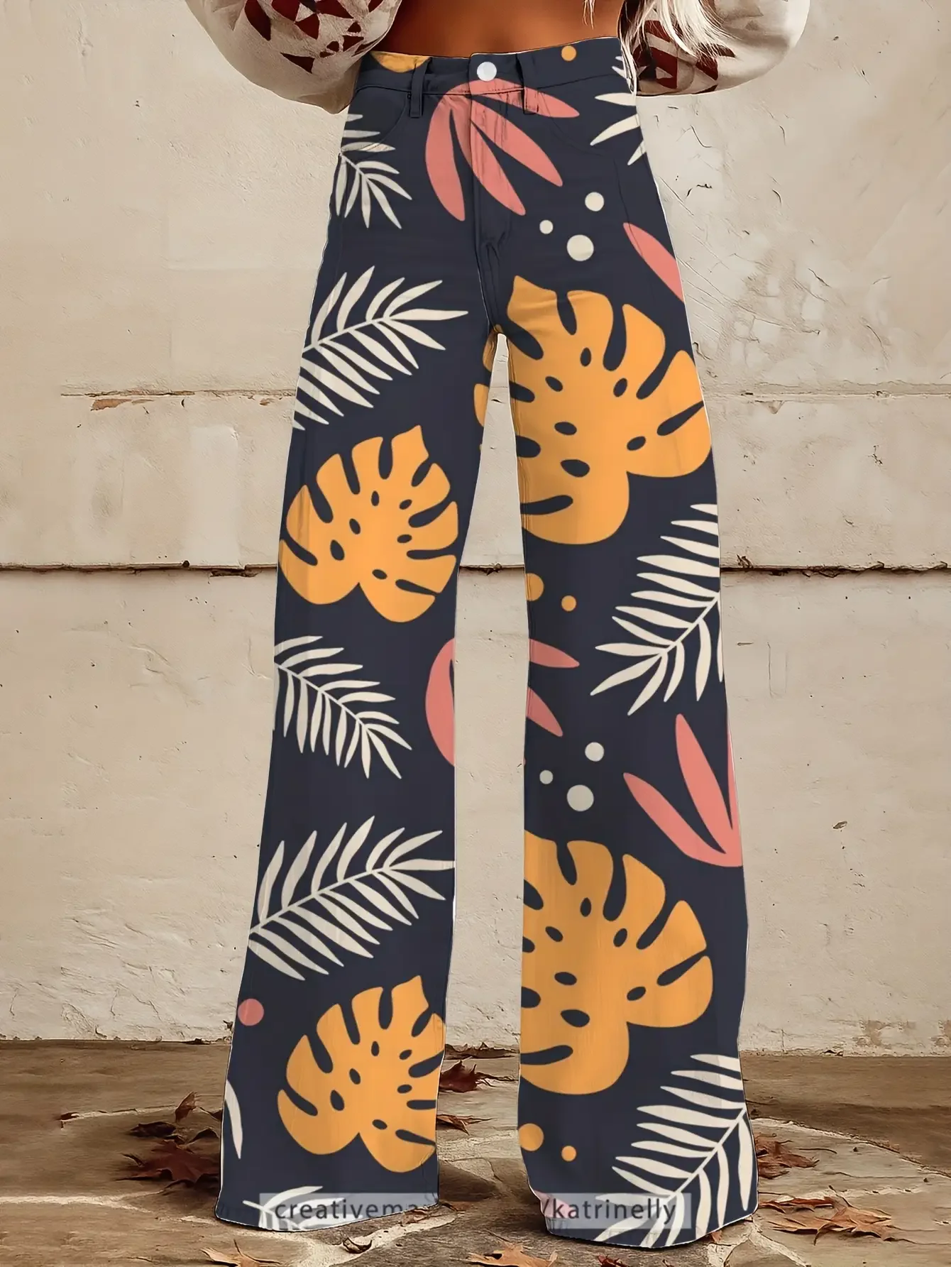 Women's printed geometric pattern wide leg imitation jeans, Extra long full-length waistband with built-in zipper