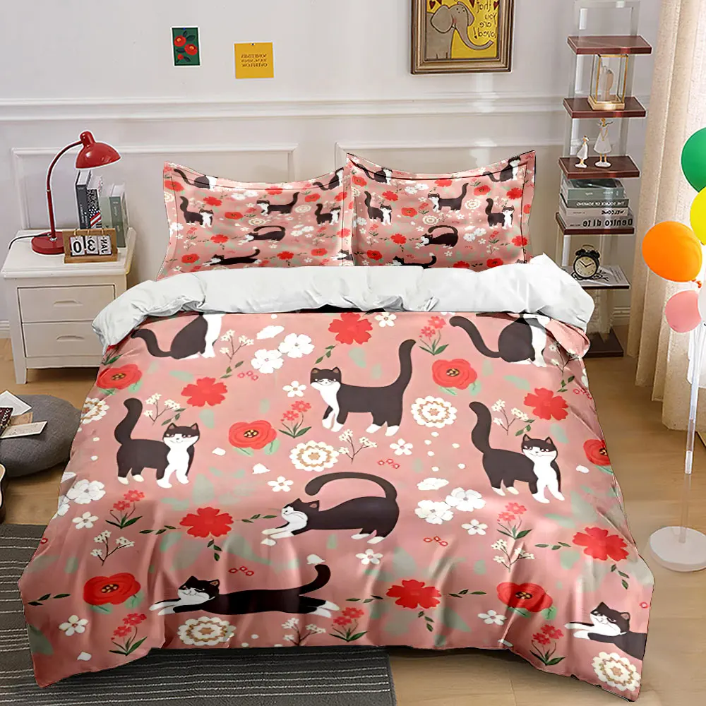 Floral Cat Print Home Essentials  kid's and adults' bedroom decor, Exquisite three-piece bedding set gift