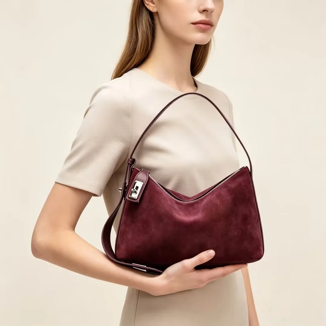 Woman Matte Suede Cow Leather Handbag Female Retro Cowhide Genuine Leather Shoulder Bag Ladies Fashion Trendy Crossbody Bags