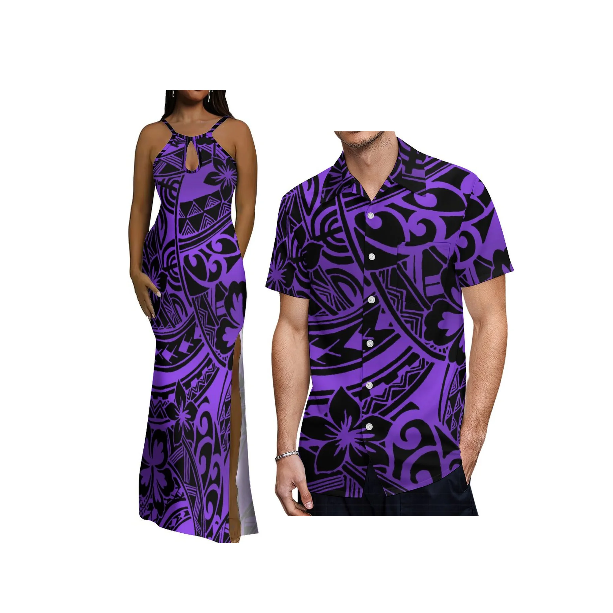 

Custom Ladies Sleeveless Evening Dress Samoan Print Polynesian Tribal Water Drop Design Sling Strap Dress Slit Long Gowns