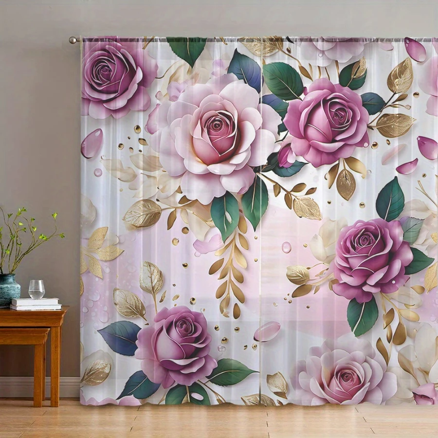 2PCS Digital Print Sheer Curtain, Purple Crystal Flower Wonderland Pattern, Luxurious Dreamy Gemstone Fantasy Magic Style Decor