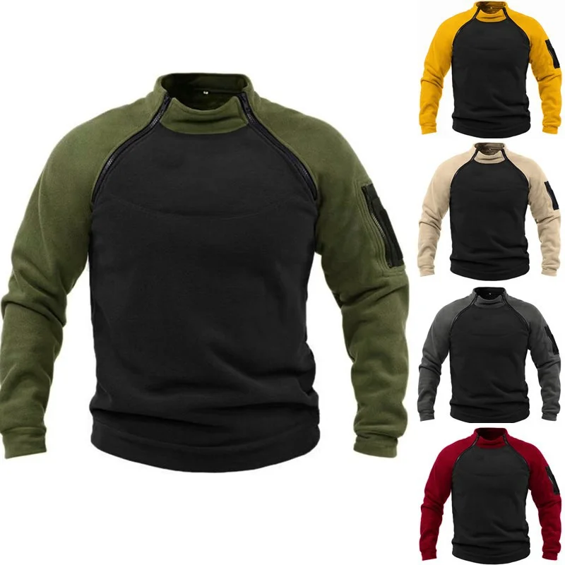 European and American Stand-up Collar Men's Sweatshirt Spring and Autumn Loose Double-sleeved Color-blocking Outdoor Warm Top