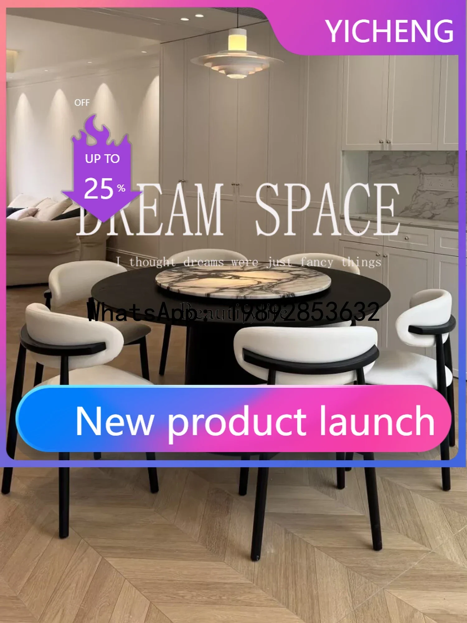 

CZ7minimalist black and white turntable round dining table retro solid wood home dining table with turntable