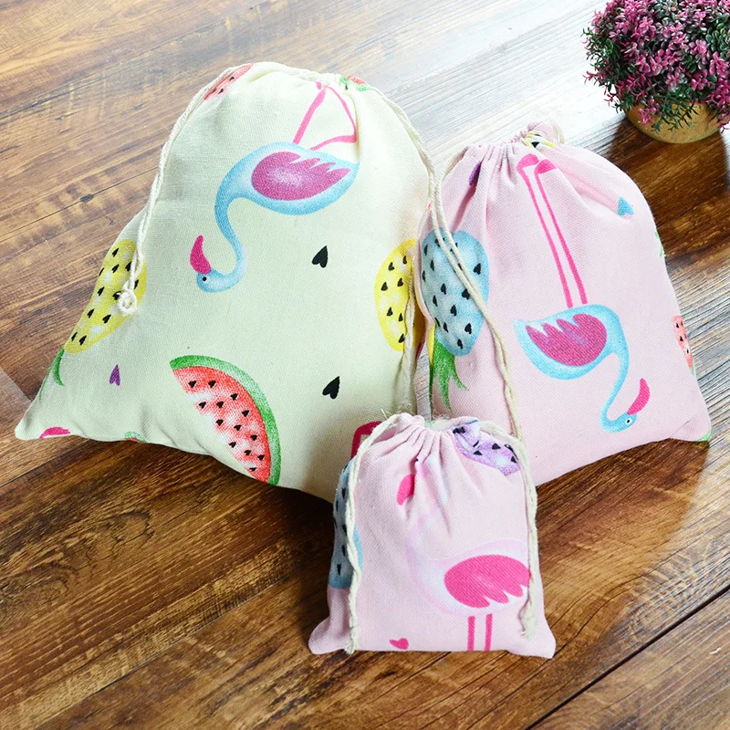 Flamingo Canvas Drawstring Pocket Buggy Bag Clothes Organizer Travel Shoes Cotton Linen Sundries Underwear Storage Bag