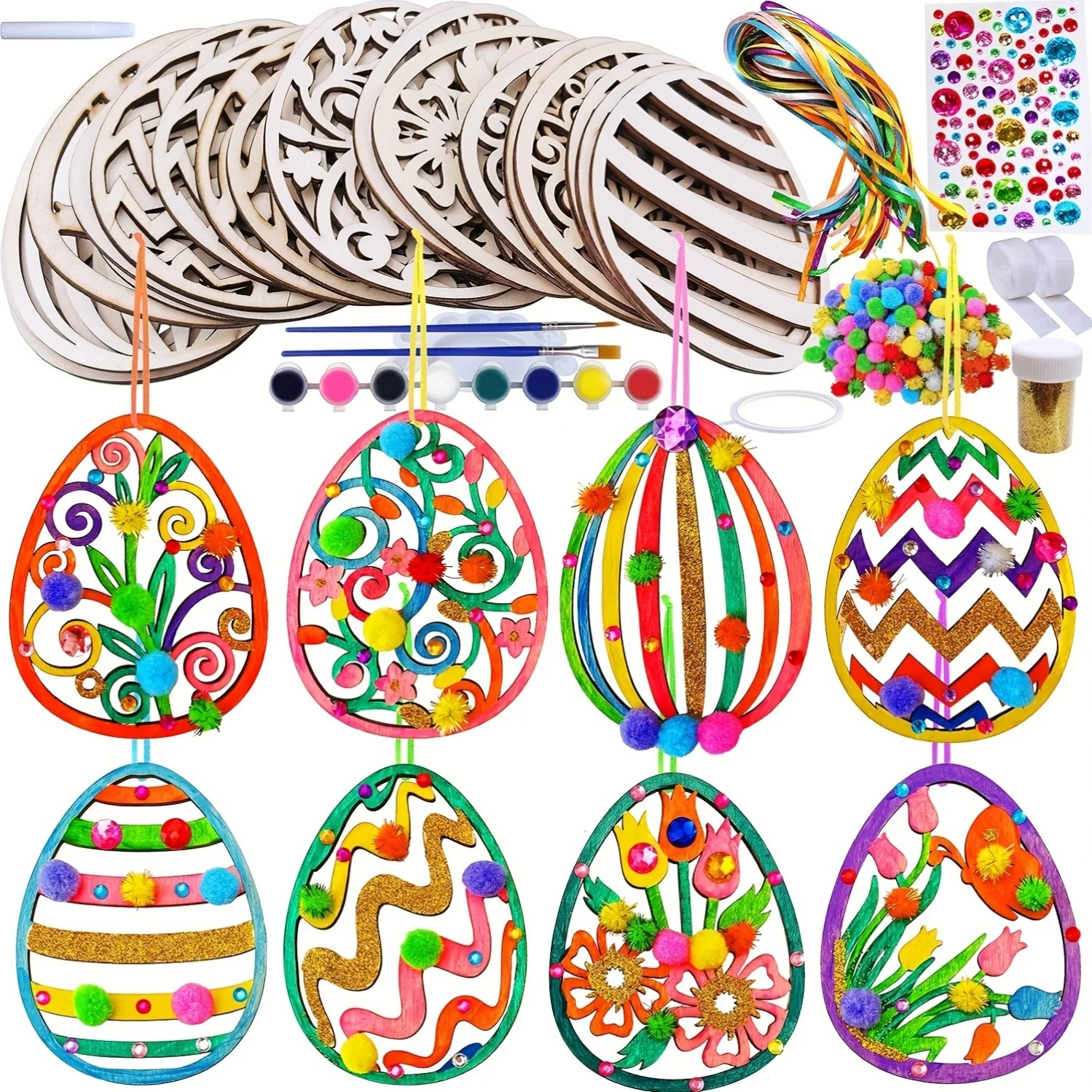 

24Pcs DIY Wooden Easter Egg Craft Set - Paint your own holiday decorations for adults, spring class activities and home decor