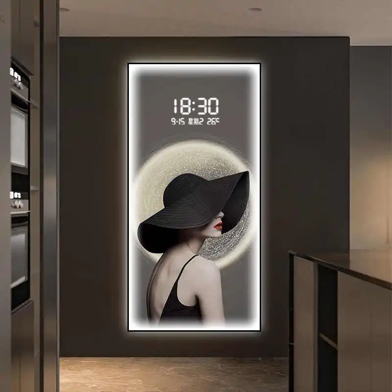Character painting, living room entrance decoration painting, high-end LED with lights, clock background wall mural