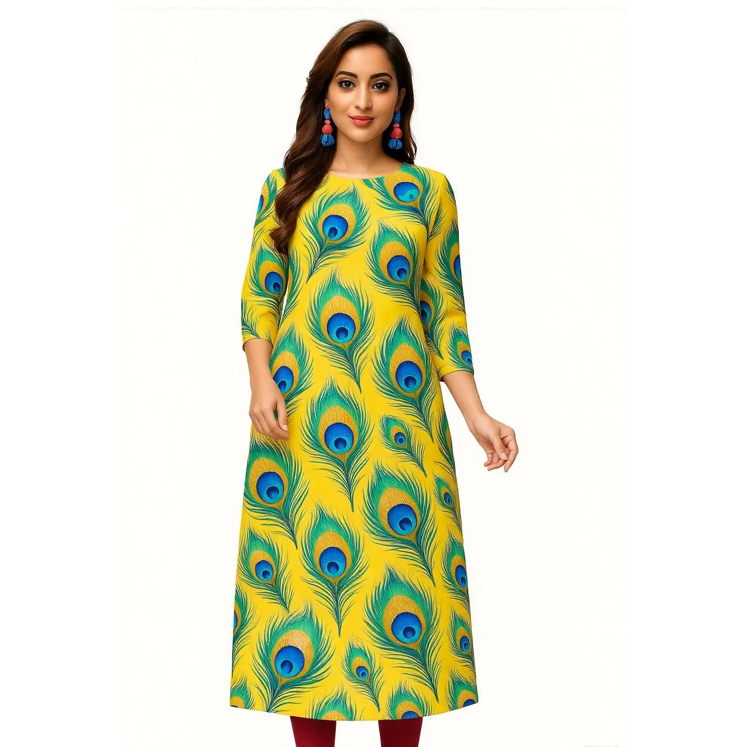 فستان Kurtta نسائي عصري مستقيم أنبوب غير رسمي بفتحة مشرقة وحاشية أنماط الطاووس رداء عربي تقليدي عربي مسلم #4