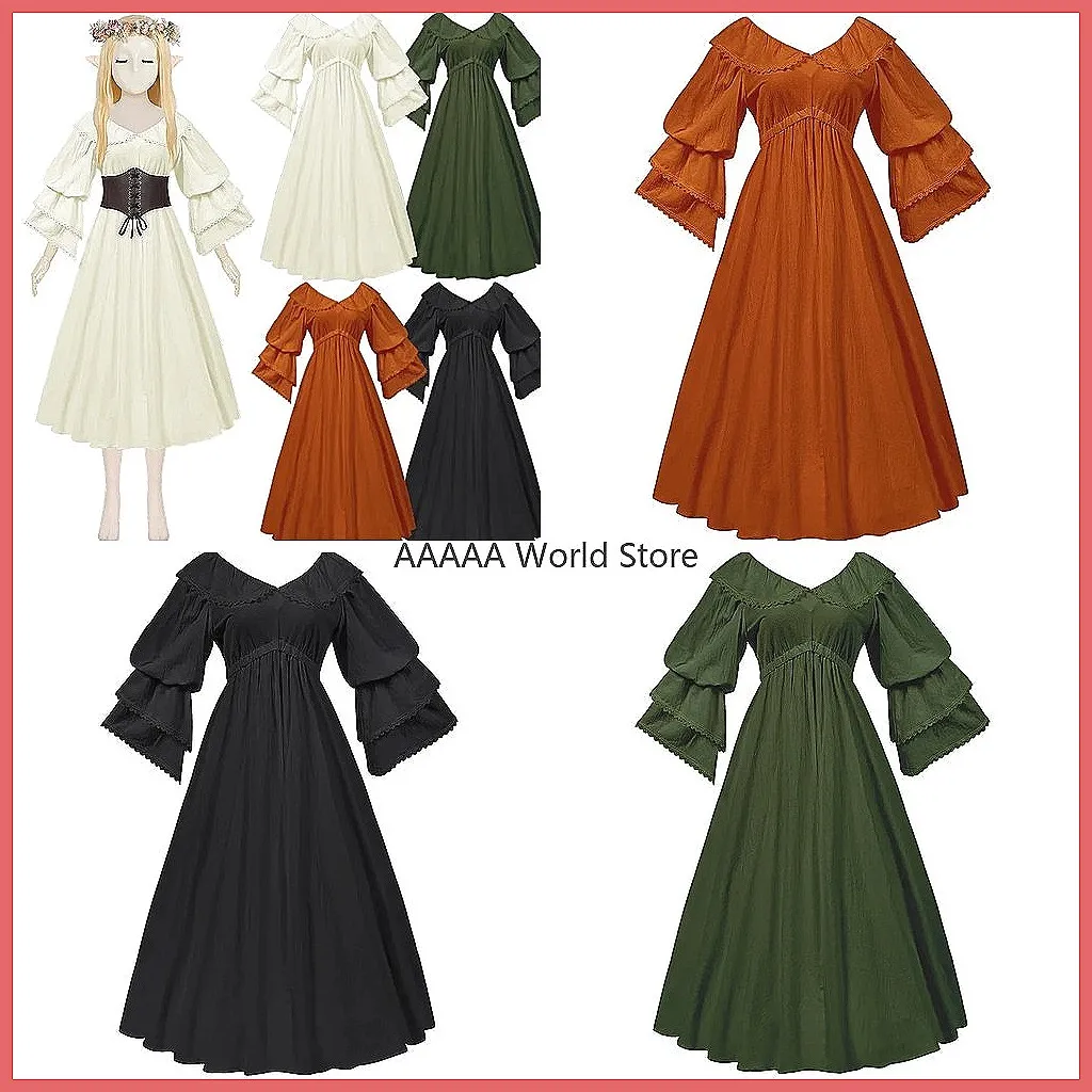 

Vintage Medieval Linen Dress V-Neck Long Renaissance Costume High Waist Fairy Victorian