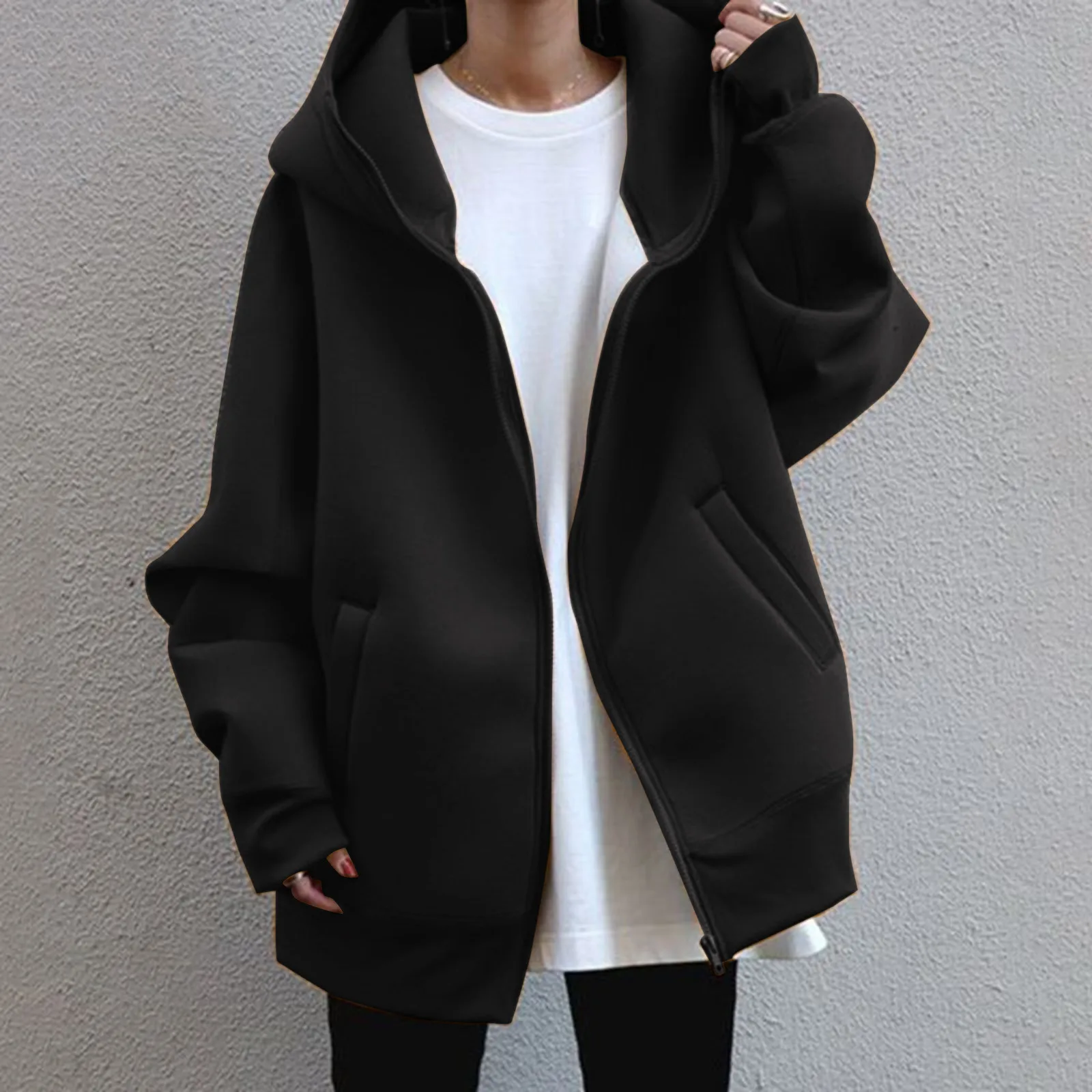 Loose Streewear Hoodies Women Zipper Hooded Sweatshirt Coat Jacket Solid Color Top Coat Long Sleeve Female Blouse Fashion Hoodie