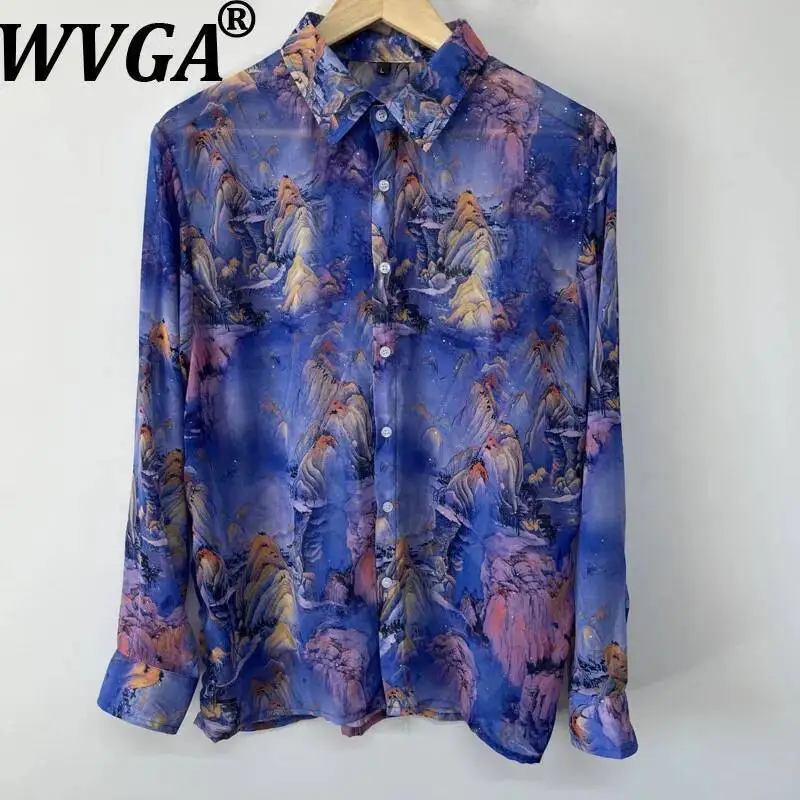 

WVGA Summer New Men's Draped Printed Trendy Loose Fit Versatile Long Sleeve Shirts Ncihe Chic Casual Turn-Dow Collar Tops W23232