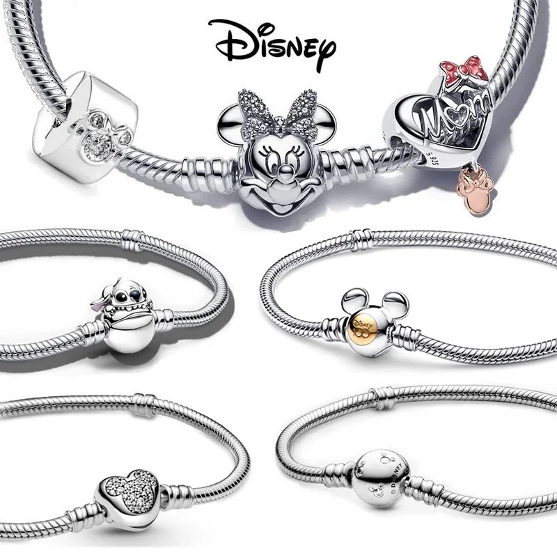 

Disney 925 Sterling Silver Bracelet Moments Sparkling Mickey Mouse Heart Clasp Snake Chain Bracelet for Women DIY Charms Beads