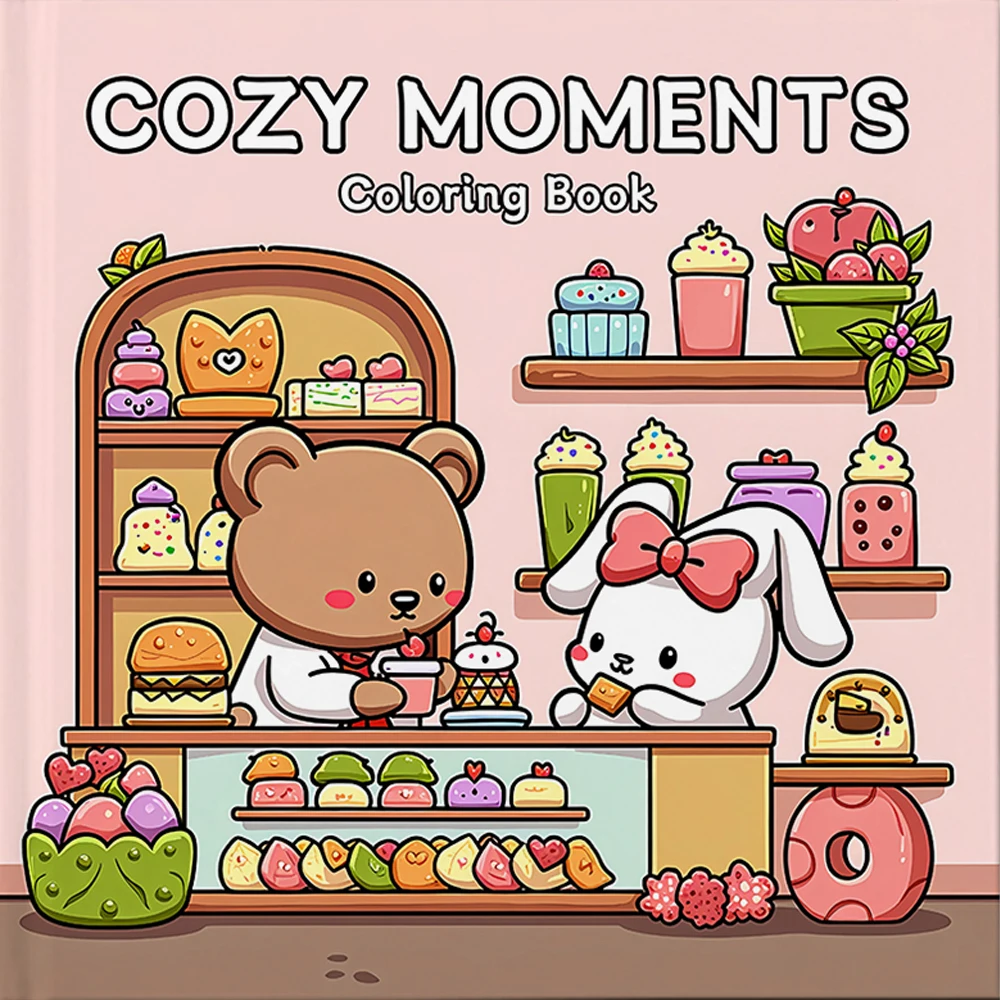 Cozy Moments Themed Coloring Book Cute Bear & Bunny Cafe Illustrations Relaxing Graffiti Drawing & Stress Relief Art Gift