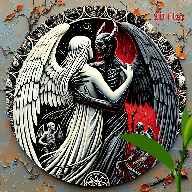 2D Flat, 2D flat printing, 1pc, retro angel and devil wing decoration 2D flat printing iron sign wall hanging metal plaque, suit