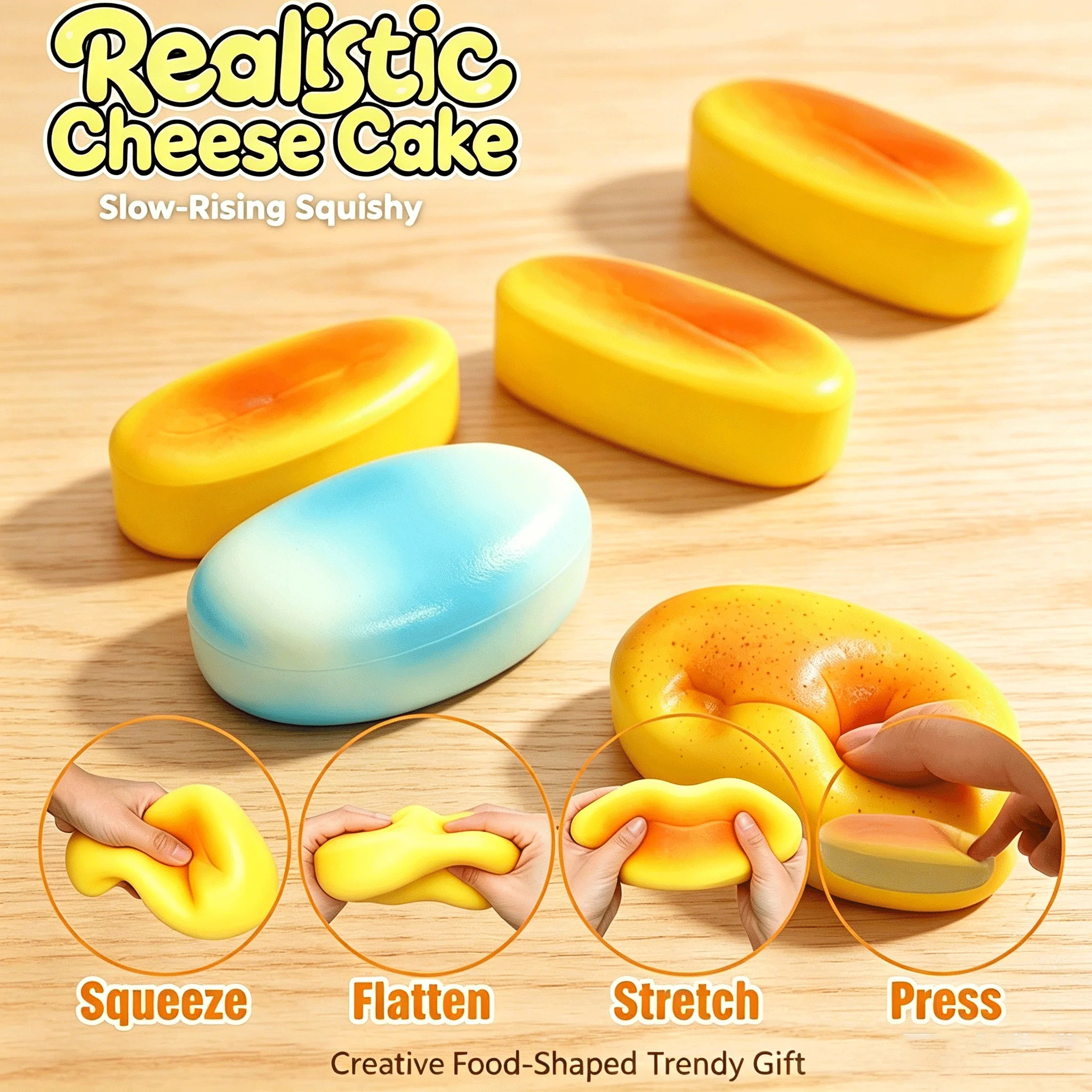 Brinquedo Sensorial Anti-stress de Bolo de Queijo Realista Macio e Pegajoso com Recuperação Lenta, Brinquedo Fidget de Queijo Semi-cozido para Dedos Pegajosos