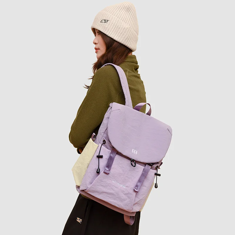 Lightweight waterproof nylon clamshell student shoulder schoolbag travel color collision splicing large capacity handbag