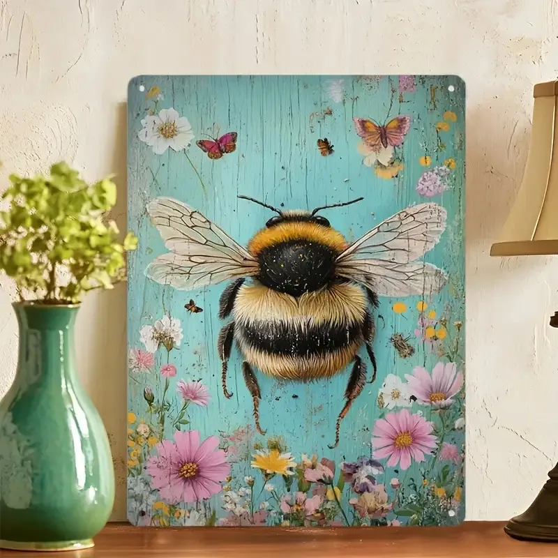 1pc 2D Flat Printing  Iron PlateCharming Bumblebee on Floral Background ArtIron Sign, Waterproof and Dustproof Wall Decor