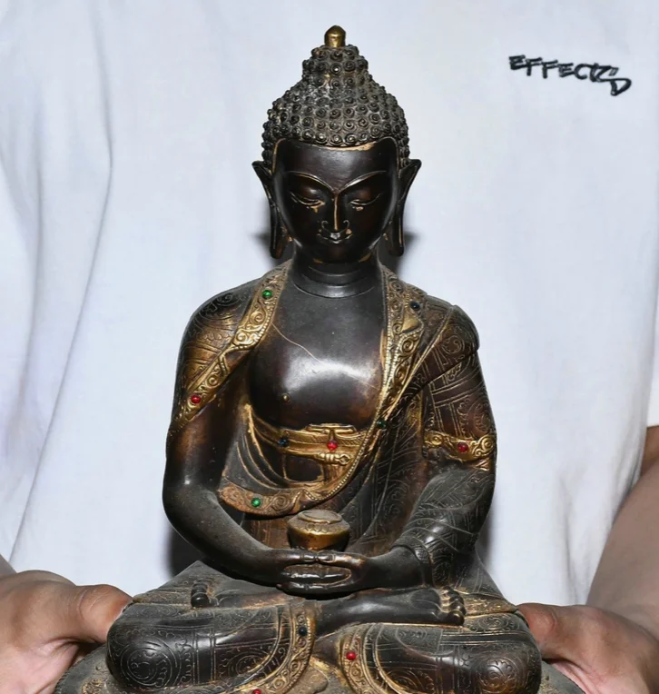 12.6'' Old Tibet Pure Bronze Gilt Shakyamuni Sakyamuni Amitabha Buddha Statue