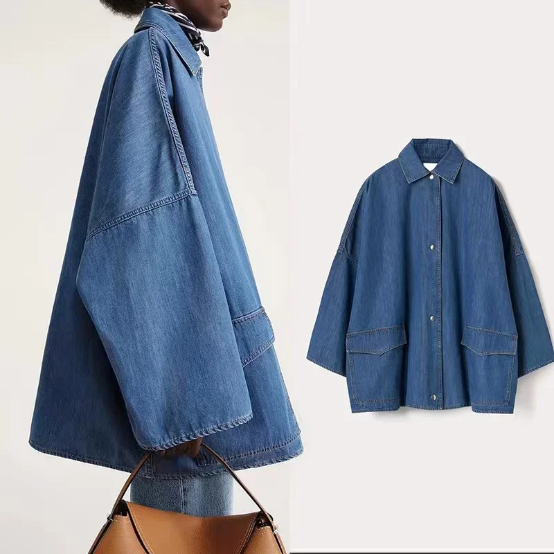 

luxury Denim jacket Origina version Silhouette wide sleeve fried loose version denim Shirt modern vintage large pocket Coat