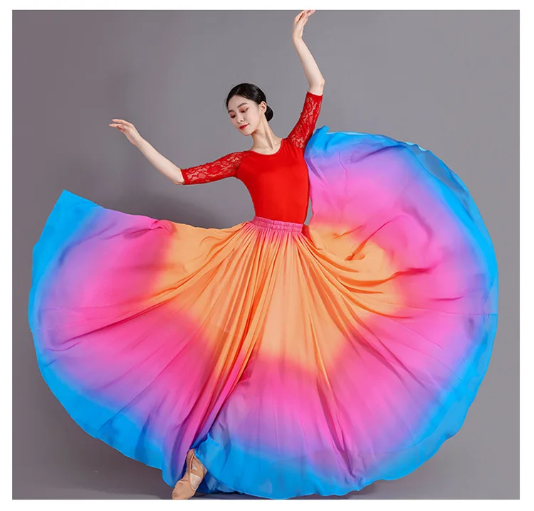 Women's 360-720 Degrees Big-hem Dance Skirts Gradient Color Chiffon Maxi Skirts Elastic-waist Elegant Square Dance A-line Skirts