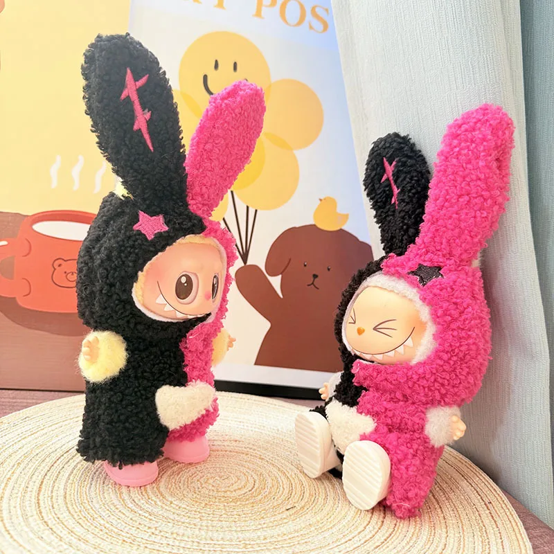 Labubu Doll Clothes Fluffy Two-color Rabbit Labubu I II Idol Dolls 15/17cm Plush Doll'S Clothes Sitting Party Accessories