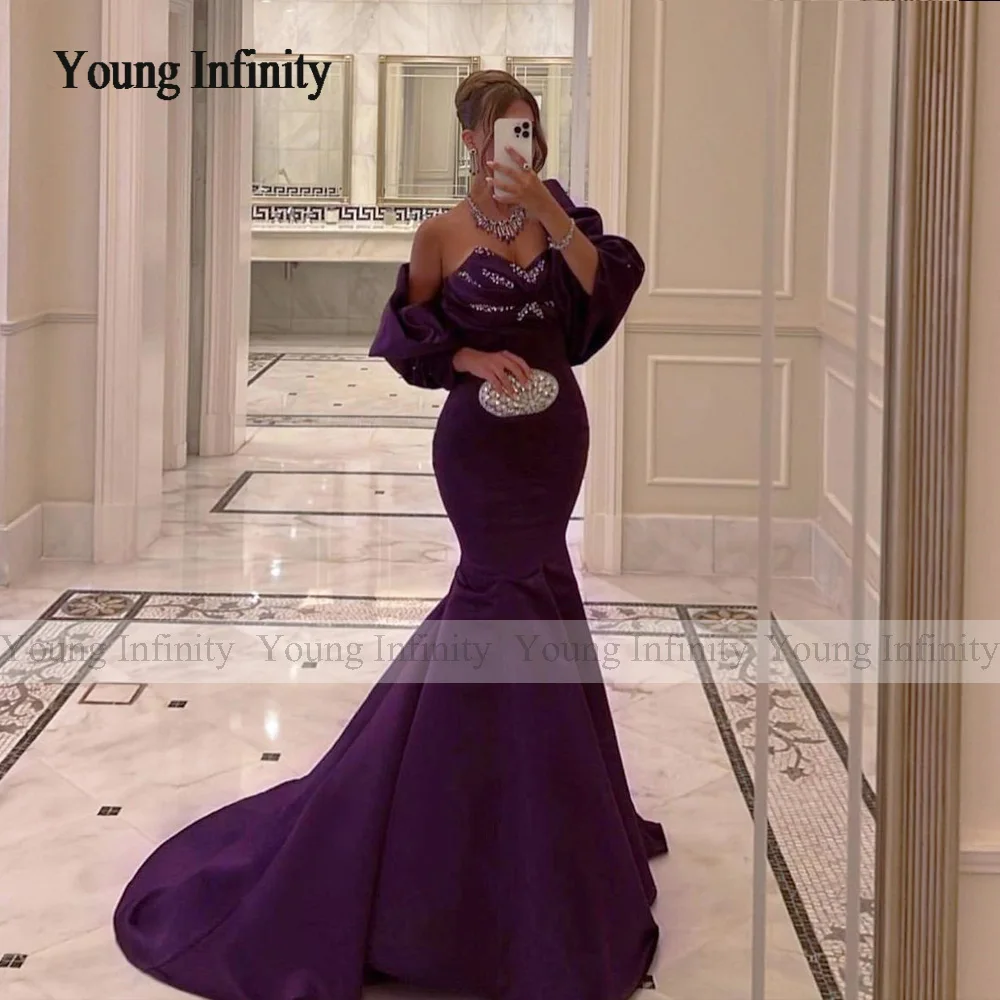 Purple Matte Satin Mermaid Prom Dress 2024 Long Evening Party Gown Beading Crystal Saudi Arabia Woman Formal Holiday Birthday