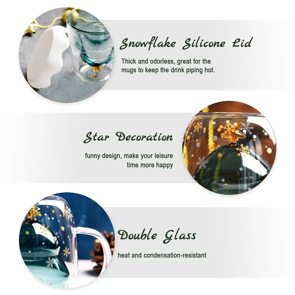 A67T NEW 2 Pack Christmas Mugs, Double Walled Borosilicate Christmas Mug Set with Snowflake Lid, 300ML Cute Mugs for Coffee