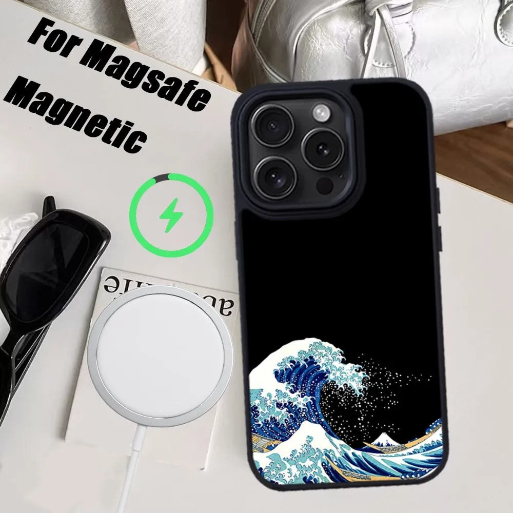 جراب هاتف كاناغاوا بموجة كبيرة ، غطاء مغناطيسي Macafe ، iPhone 15 ، 14 ، 13 ، 12 ، 11 Pro Max ، Plus