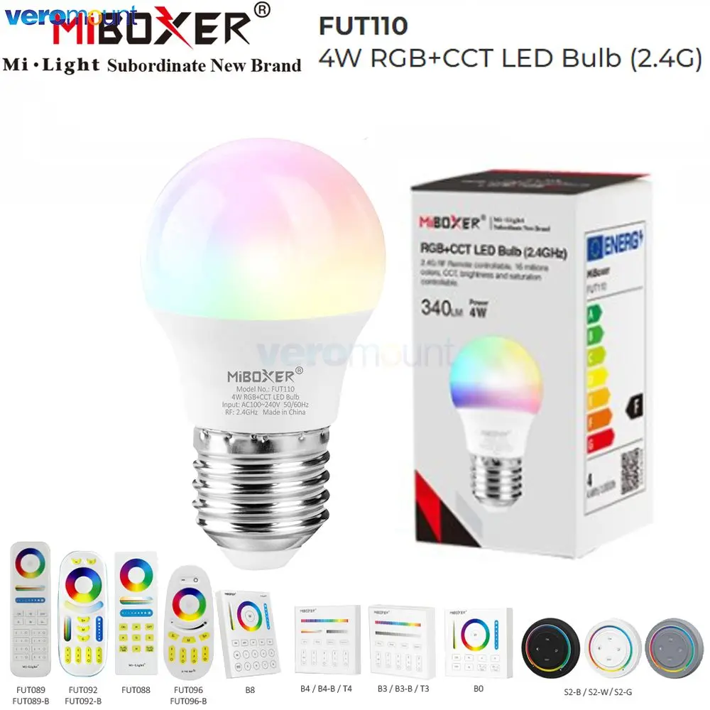 

Miboxer Samll Size E27 4W RGBCCT LED Light Bulb FUT011 AC110V 220V 340LM Smart Lamp 2.4G RF Remote Tuya WiFi APP Voice Control