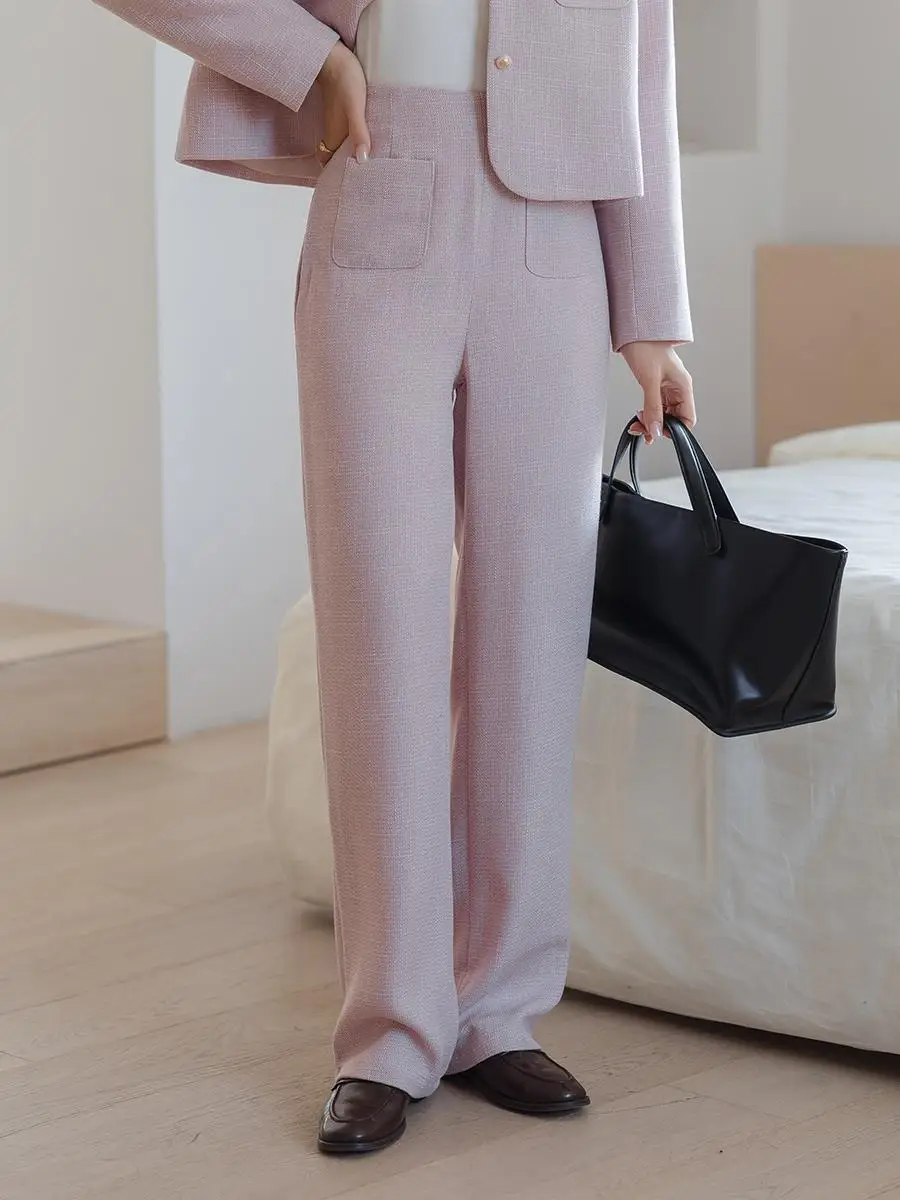 

Pink Slim Wide Leg Pants High Waist Straight Cut Casual Trousers for Women Ele High Faion Sensation by Wang Fei Home