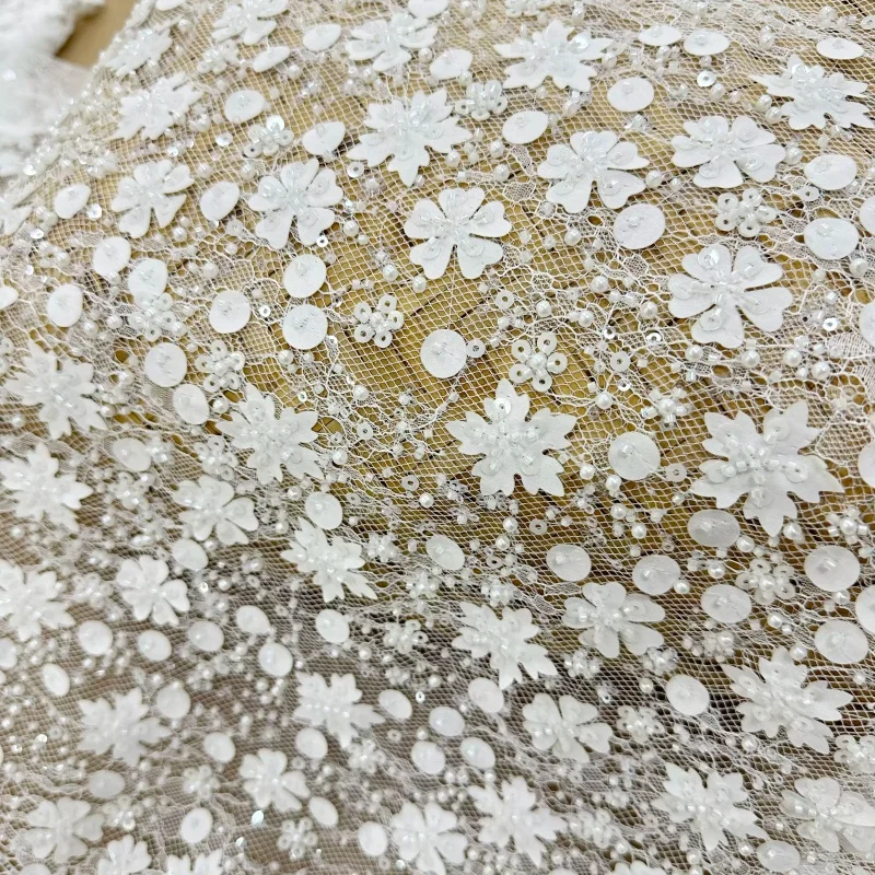 Porcelain White Laser Cut Floral Applique Lace Fabric for High End Wedding Dress Sewing Trim
