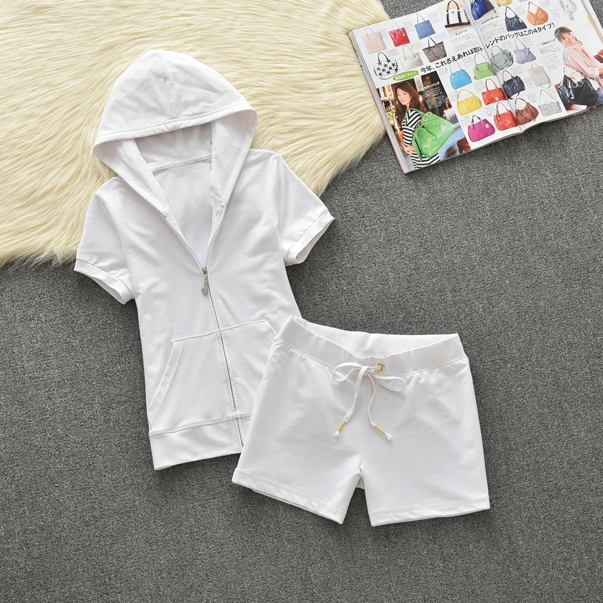 Y2K tracksuit Set Woman 2 Pieces Summer Solid Zip Hooded Jacket Casual Top And Shorts Female Clothing Tracksuit Outfits