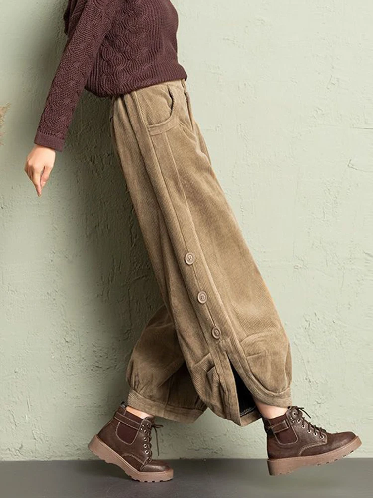 Korean Corduroy Women Pants Fall Winter Plush Warm Loose Casual Harem Trousers Retro High Waist Button Streetwear Wide Leg Pants